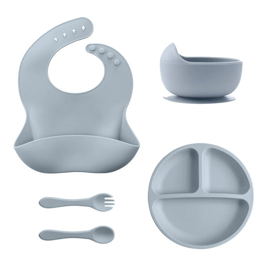 5Pcs Baby Silicone Feeding Set round Dining Plate Sucker Bowl Dishes for Kids Baby Waterproof Bib Spoon Children'S Tableware