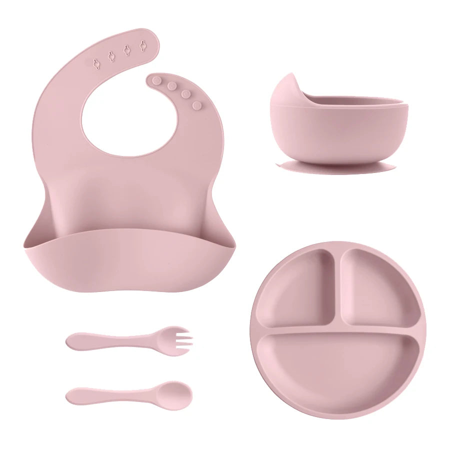 5Pcs Baby Silicone Feeding Set round Dining Plate Sucker Bowl Dishes for Kids Baby Waterproof Bib Spoon Children'S Tableware
