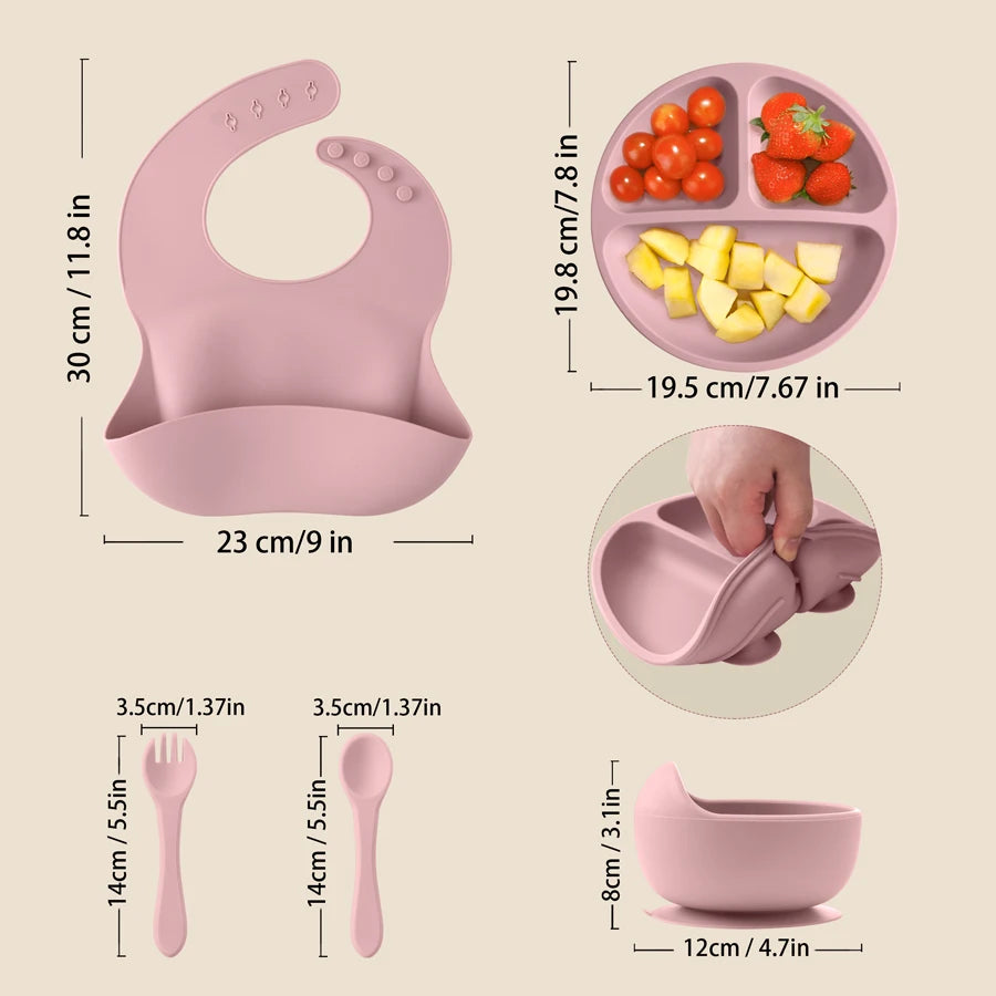 5Pcs Baby Silicone Feeding Set round Dining Plate Sucker Bowl Dishes for Kids Baby Waterproof Bib Spoon Children'S Tableware