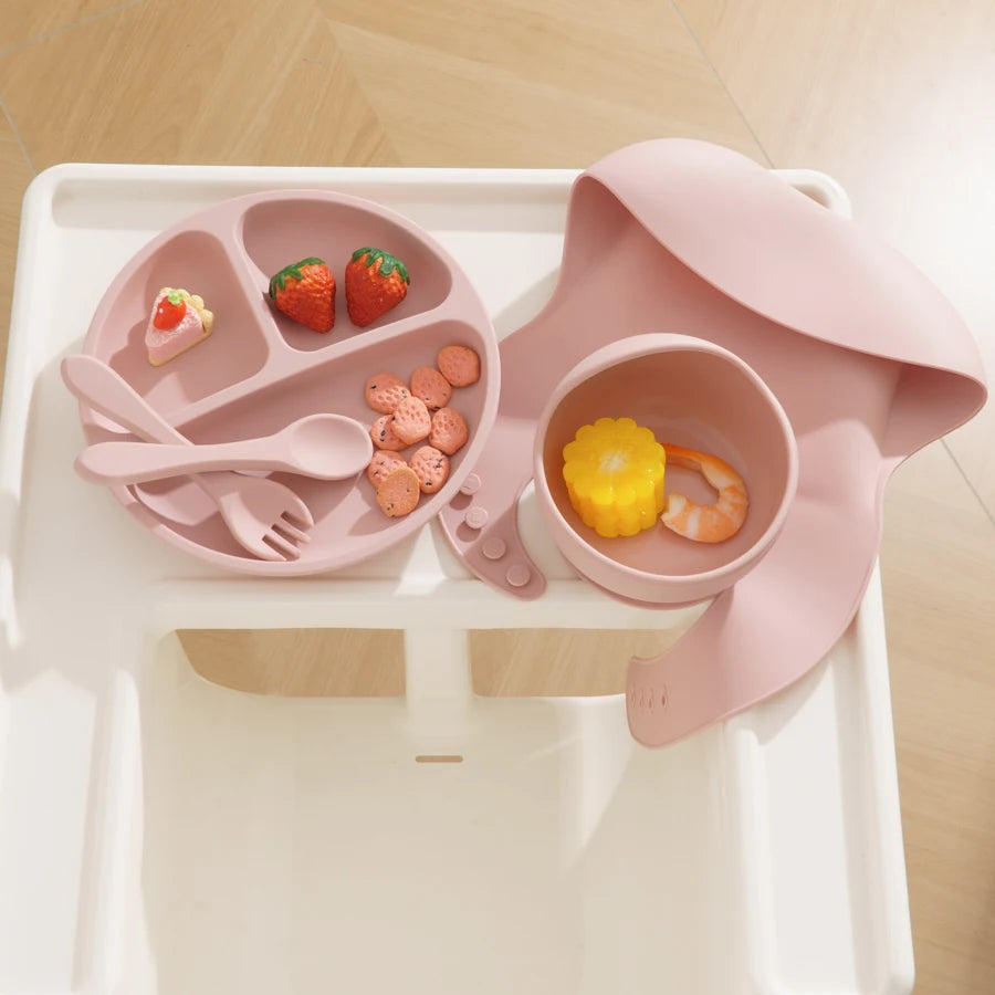 5Pcs Baby Silicone Feeding Set round Dining Plate Sucker Bowl Dishes for Kids Baby Waterproof Bib Spoon Children'S Tableware