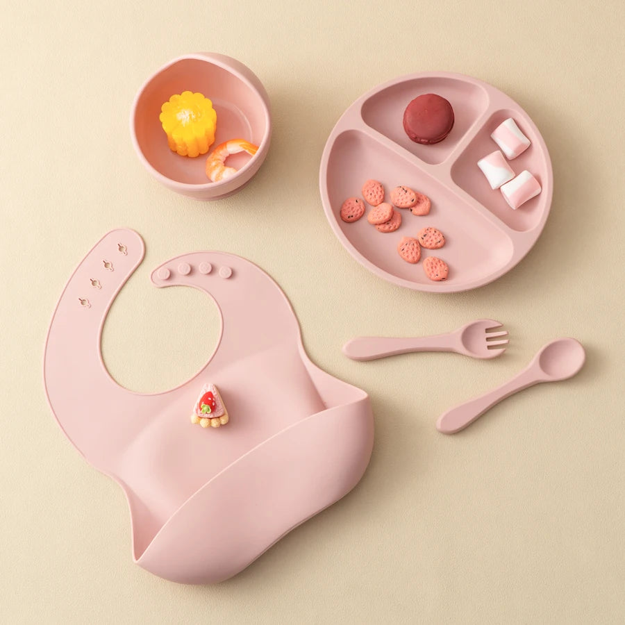 5Pcs Baby Silicone Feeding Set round Dining Plate Sucker Bowl Dishes for Kids Baby Waterproof Bib Spoon Children'S Tableware